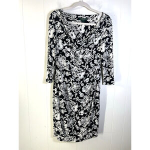 Ralph Lauren LRL Ruched Faux Wrap Dress Black White Floral Stretch Size 8 New